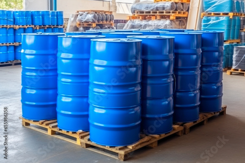  Blue barrels on pallets contain liquid chemicals in the warehouse. Industrial background.