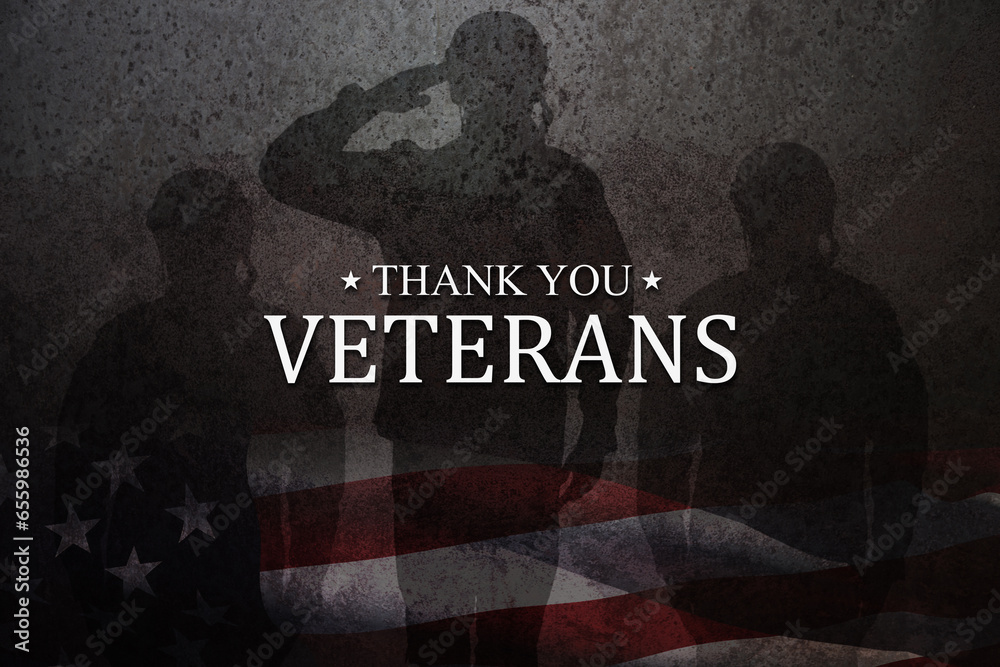 Silhouettes of soldiers saluting with Thank You Veterans inscription on rusty iron background. American holiday typography poster. Banner, flyer, sticker, greeting card, postcard. - obrazy, fototapety, plakaty 