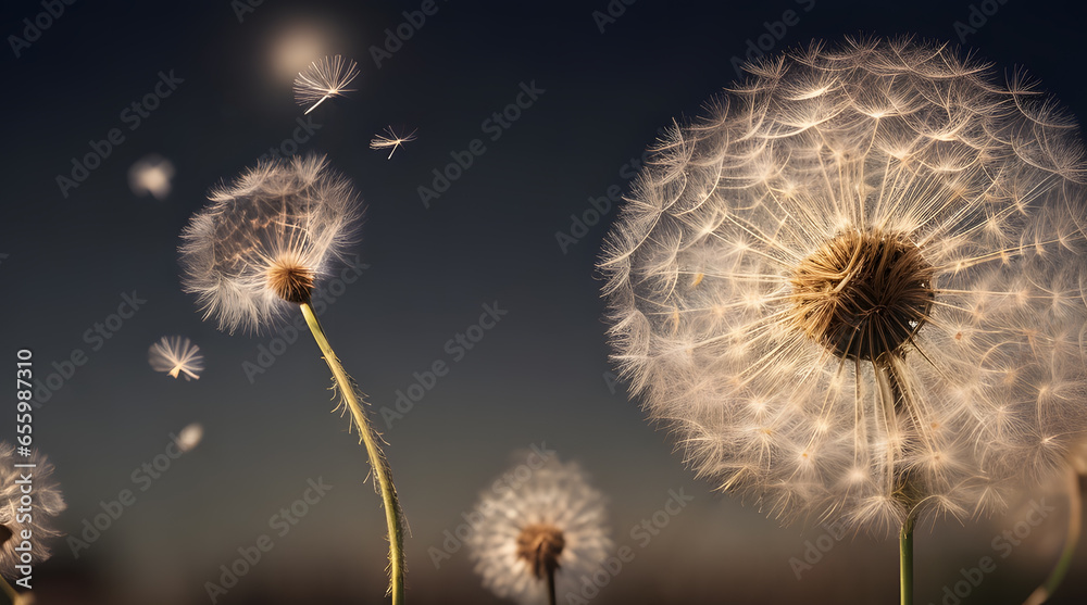 Close-up of dandelion with flying seed heads on a natural sky background. Minimal flower art with creative copy space. Close-up of dandelion with flying seed heads on a natural sky background. Minimal flower art with creative copy space.
