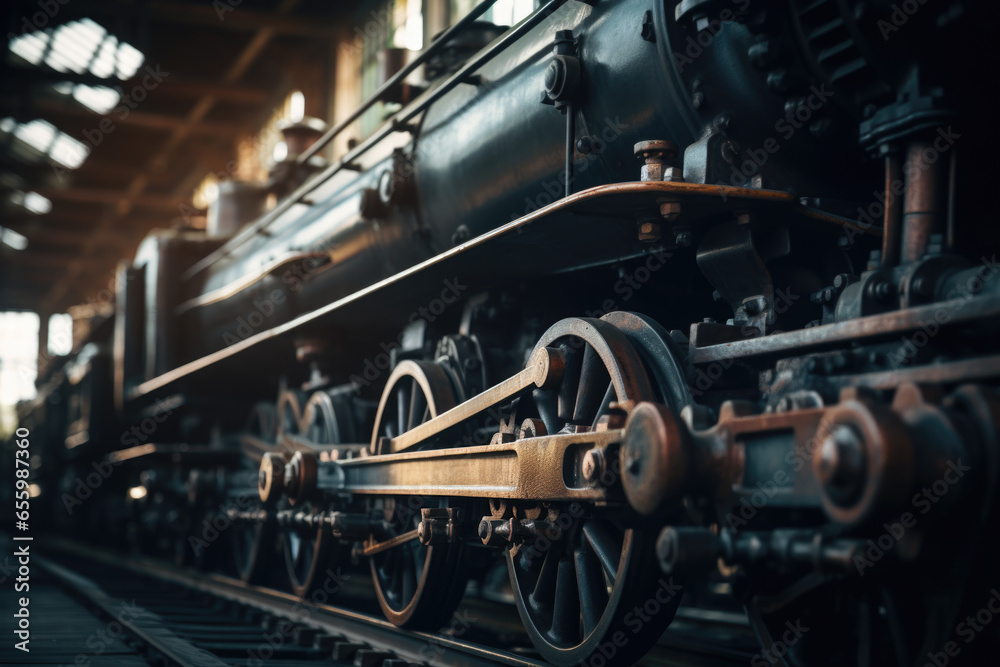 Fototapeta premium Old black steam locomotive engine train in a hangar