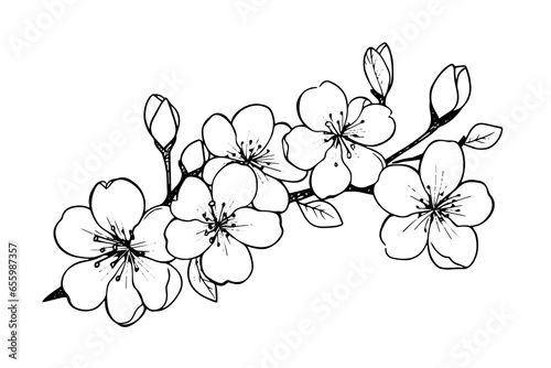 Cherry blossom hand drawn ink sketch. Sakura in engraving style vector illustration