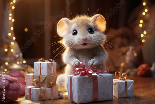 smiling and happy cartoon of tooth fairy looking at camera with gifts. happy childish mouse. excited Ratoncito Perez photo