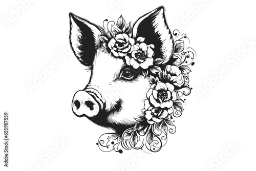 Pig in Petals: The Adorable Floral Swine - Vector Farm Animal Art