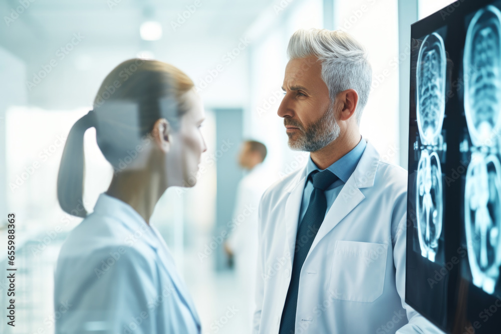 Doctors radiologists looking at MRI or CT scan images on monitor ...
