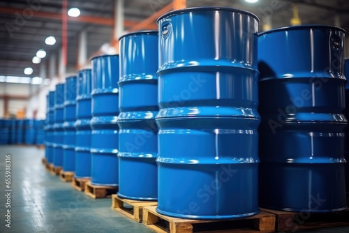 Blue barrels on pallets contain liquid chemicals in the warehouse. Industrial background.