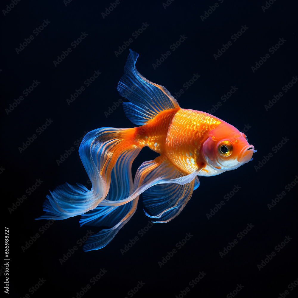 Goldfish, photography, orange, sleek, shimmering, freshwater aquarium, tranquil, LED aquarium lights, vibrant orange and blue Generative AI