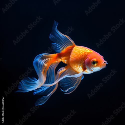 Goldfish, photography, orange, sleek, shimmering, freshwater aquarium, tranquil, LED aquarium lights, vibrant orange and blue Generative AI