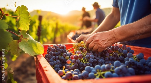 person picking grapes in vineyard, person picking grapes, close-up of hand picking grapes, harvest for grapes © Gegham