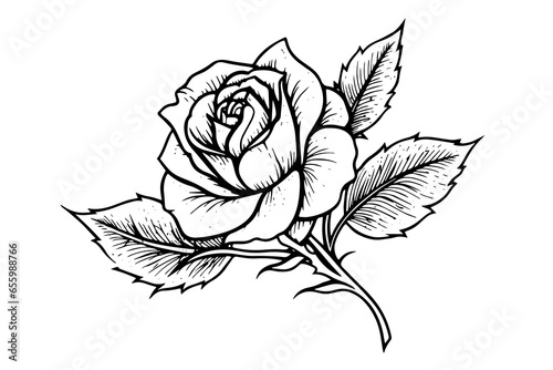 Elegant Rose. Vintage simple line art. Hand drawn ink sketch. Engraving vector illustration