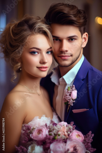 Portrait of a beautiful young bride and groom in the interior.