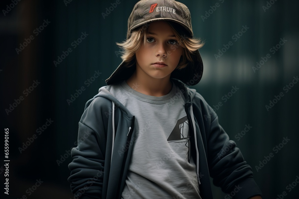 Portrait of a little boy in a cap on a dark background Portrait of a little boy in a cap on a dark background