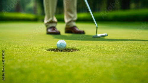Close-up of golf player putting golf ball on the green grass