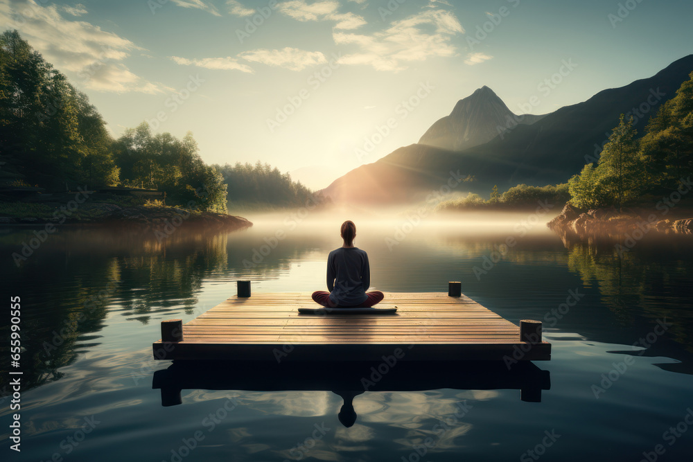 A person practicing mindfulness meditation alone in a serene setting, highlighting the use of self-care techniques to combat isolation's effects. Concept of mental well-being. Generative Ai. - obrazy, fototapety, plakaty 