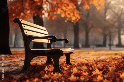 An empty park bench surrounded by autumn leaves, symbolizing the solitude experienced by isolated individuals. Concept of loneliness in nature. Generative Ai.