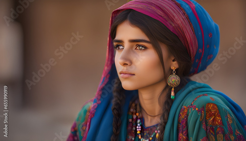 Afghan girl wear traditional dress in history background ai generated