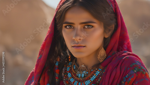 Afghan girl wear traditional dress in history background ai generated photo