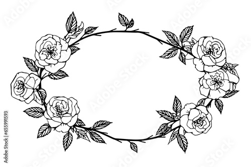 Roses frame. Vintage simple line art. Hand drawn ink sketch. Engraving vector illustration