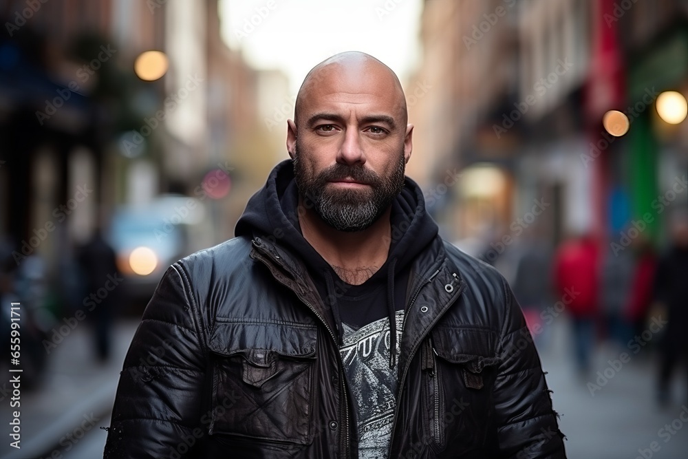 Portrait of a bearded man wearing a leather jacket on a city street Portrait of a bearded man wearing a leather jacket on a city street