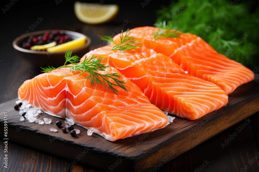 Appetizing salmon on a dark background with selective focus