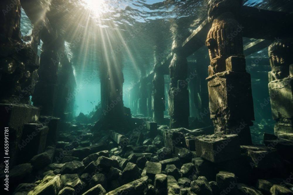 Legendary Atlantis. The sunken continent of an ancient highly developed civilization. Underwater historical discoveries - obrazy, fototapety, plakaty 
