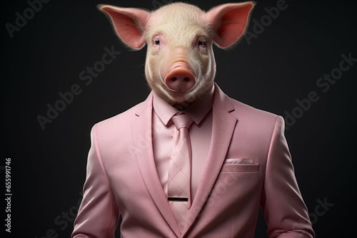 Cute funny anthropomorphic piggy in clothes. Pink mood concept. Portrait with selective focus and copy space