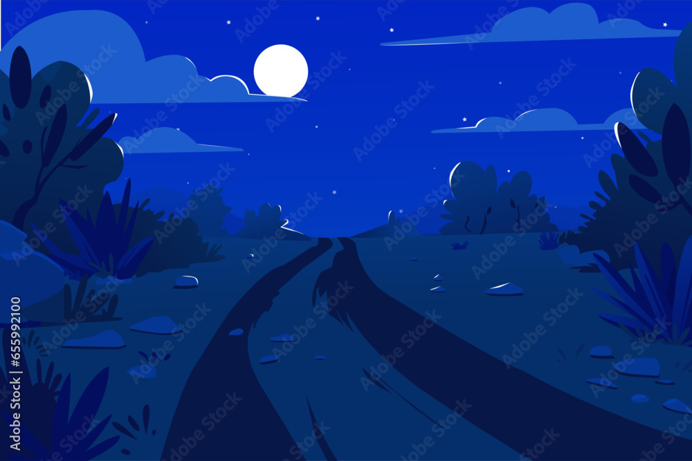 Vector illustration of desert night landscape with road, in cartoon flat style Vector illustration of desert night landscape with road, in cartoon flat style