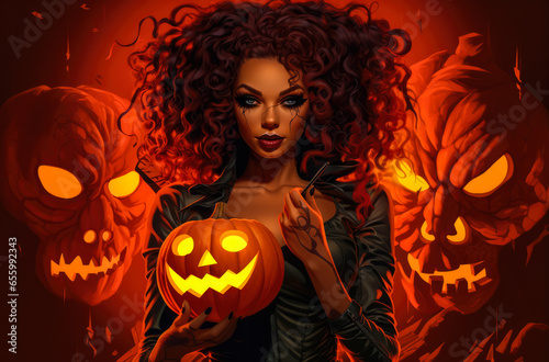 Spooky Halloween woman holding a pumpkin on her hands