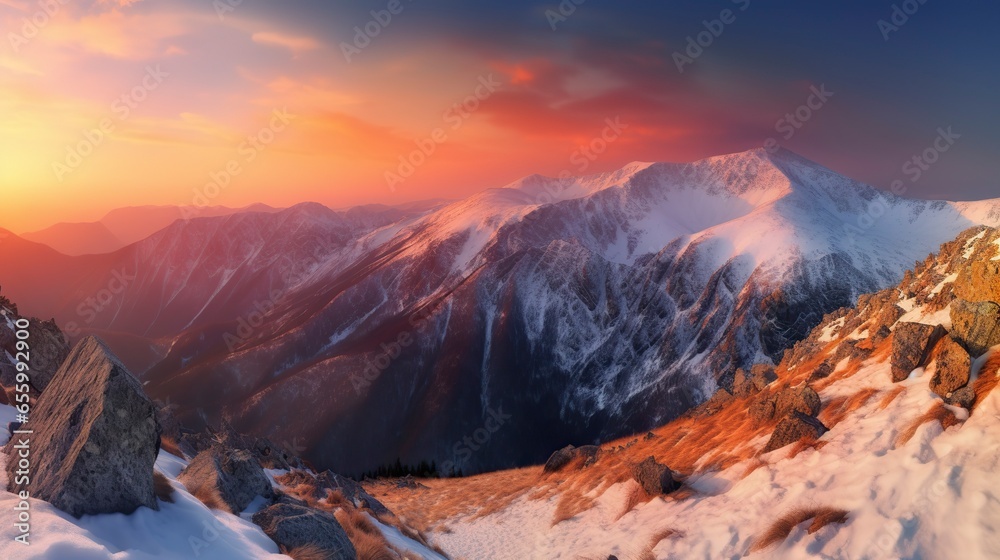 Free Photo of A breathtaking mountain landscape at sunset with snow-capped peaks, a fiery sky.