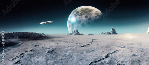 superficie desolata di un pianeta alieno con gigantesca luna sullo sfondo e razzo in partenza photo