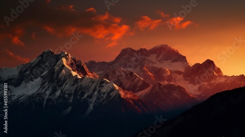 Free Photo of A breathtaking mountain landscape at sunset with snow-capped peaks, a fiery sky. © CREATIVE STOCK