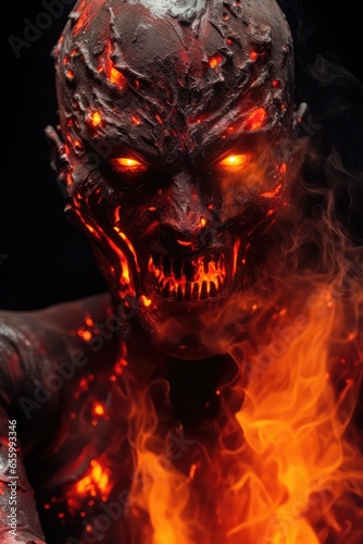 demon cyborg. evil menacing looking futuristic robot droid. man on fire, devil in flames, sci fi horror. flaming evil eyes. 