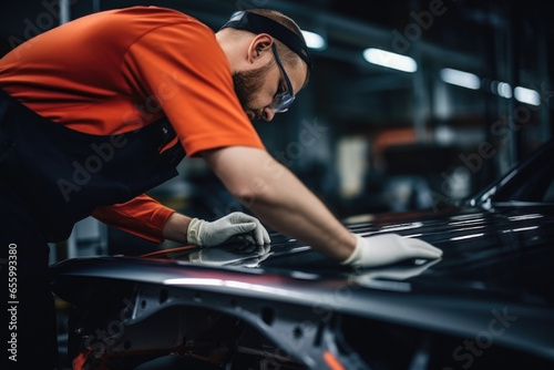 Male worker working in the car factory. Car manufacturer, automobile production