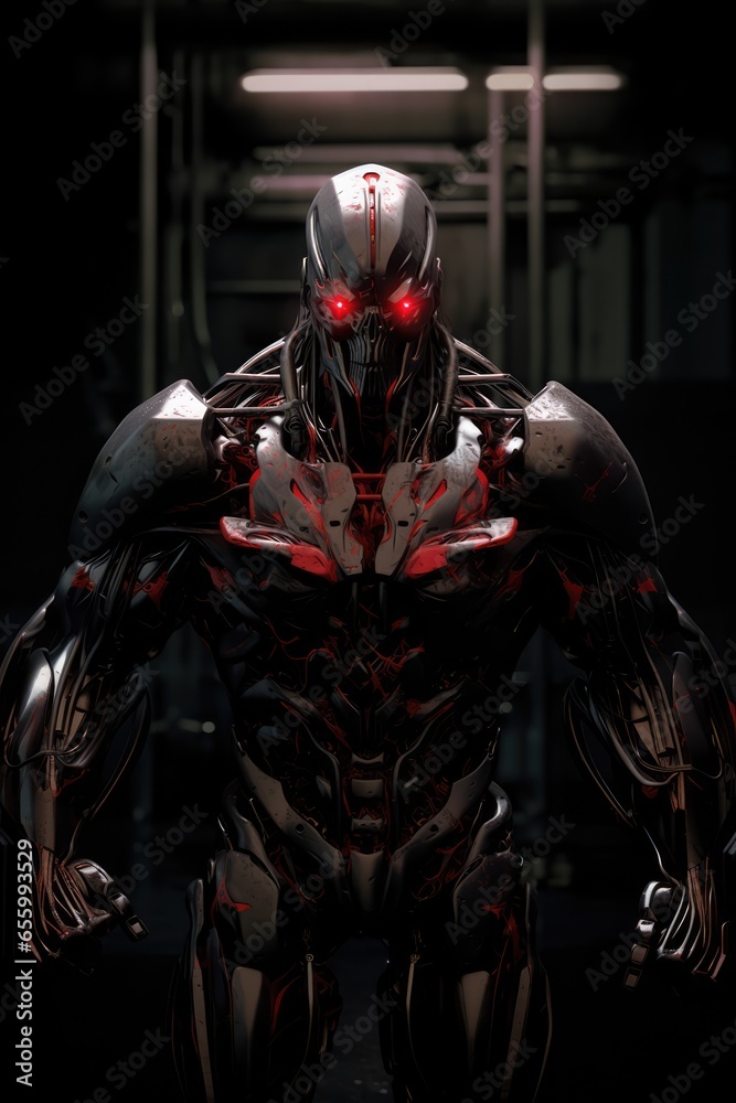 robot with a helmet. attack pose. steel and iron metallic  suite. futuristic vest. red glowing eyes. attack pose. dark background.