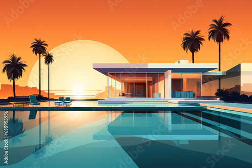 Modern country house villa in a minimalist cubic style with swimming pool  illustration of a vacation on the sea coast  sunset view