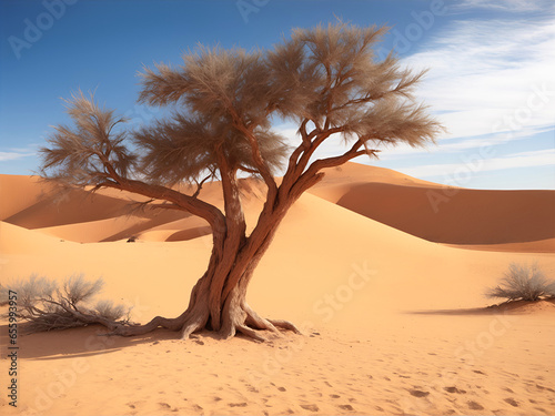 Un árbol solitario en medio del desierto. Vista de frente y de cerca. Copy space. IA Generativa 