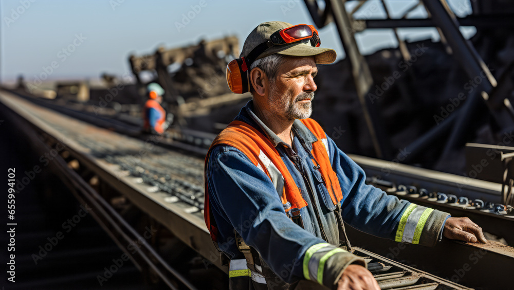 portrait of Continuous Mining Machine Operator. Operate self-propelled mining machines that rip coal, metal & nonmetal ores, rock, stone, or sand from the face and load it onto conveyors, shuttle cars - obrazy, fototapety, plakaty 