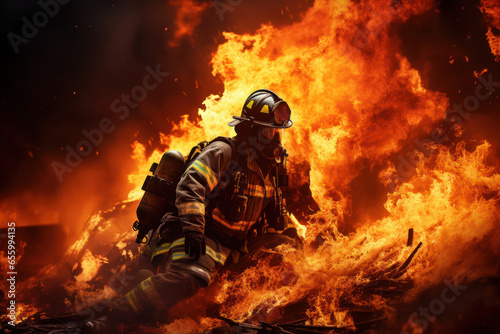 A firefighter bravely battling a blaze, surrounded by billowing smoke and flames. Concept of emergency response. Generative Ai. © Sebastian