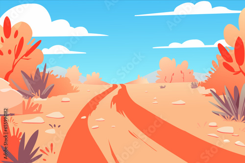 Cuadro en lienzo Vector illustration of desert landscape with road, in cartoon flat style