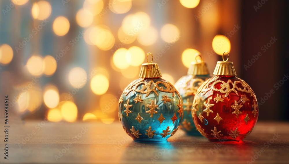 Christmas and New Year concept. New Year's decor and glass toys with copy space