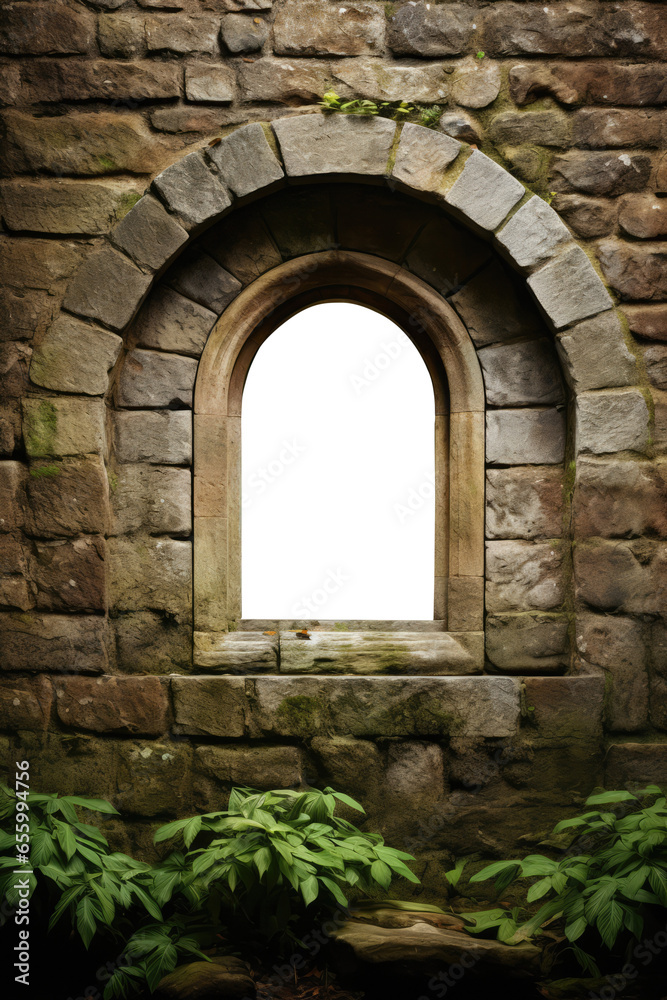 exterior view of a Gothic arch stone medieval window. Brick, stone wall. Isolated transparent background. green leaves. 