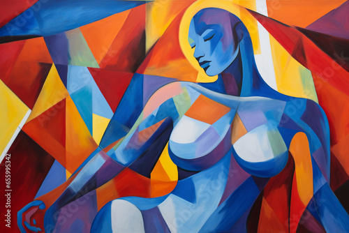 Beauty, art concept. Abstract gouache colorful painting of woman silhouette. Colorful minimalist shapes and lines in cubism style. Generative AI