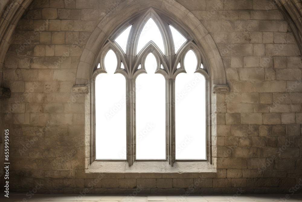 Gothic arch stone medieval window. Brick, stone wall. Isolated transparent background. Church, cathedral window. 