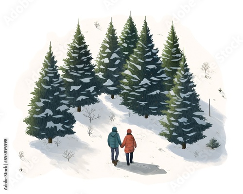 Winter Wonderland Scene: Christmas Tree Farm Illustration Depicting a Cozy Duo Amidst Snow-Covered Trees – Ideal for Icons, Festive Creations, and Graphic Design Inspiration