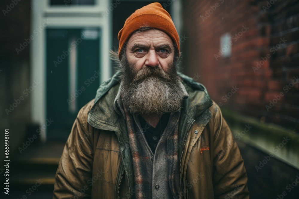 Portrait of an old man with a long beard and mustache in a brown jacket on the street.