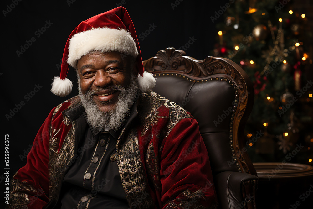 Black Santa Claus sitting in his chair on a black background, quality photography, image sharp/in-focus image, shot with a Canon EOS 5D Mark IV DSLR camera.  with an EF 80mm f/25 STM lens