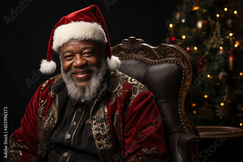 Black Santa Claus sitting in his chair on a black background, quality photography, image sharp/in-focus image, shot with a Canon EOS 5D Mark IV DSLR camera. with an EF 80mm f/25 STM lens