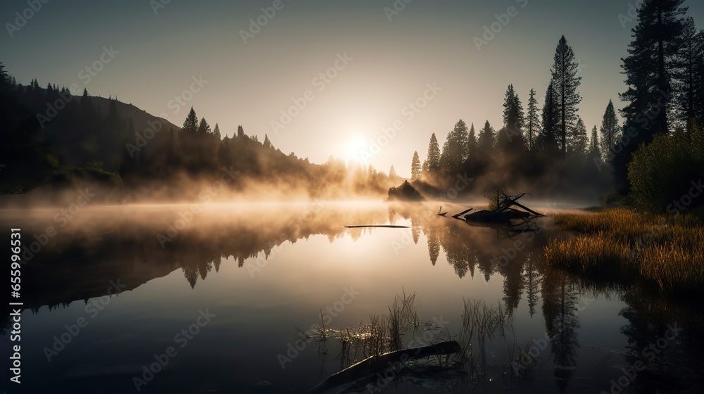 Free Photo of A breathtaking sunrise over a serene mountain lake, with mist rising from the water, pine trees on the shore