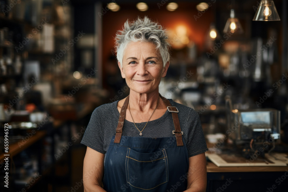 Woman leather goods designer in the workshop. Portrait with selective focus and copy space Woman leather goods designer in the workshop. Portrait with selective focus and copy space