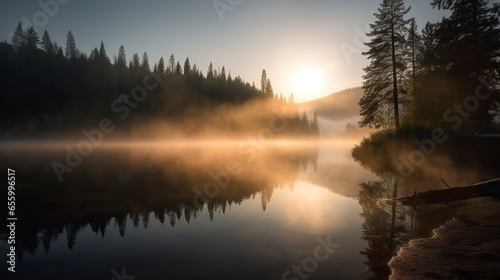 Free Photo of A breathtaking sunrise over a serene mountain lake, with mist rising from the water, pine trees on the shore © CREATIVE STOCK