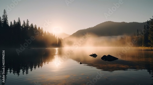 Free Photo of A breathtaking sunrise over a serene mountain lake  with mist rising from the water  pine trees on the shore